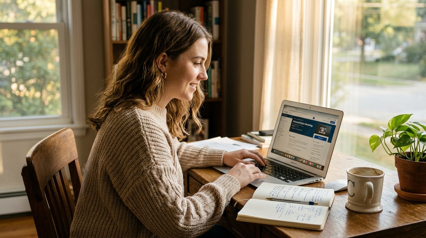 Person reviewing an online course on laptop at a home desk with notebook open