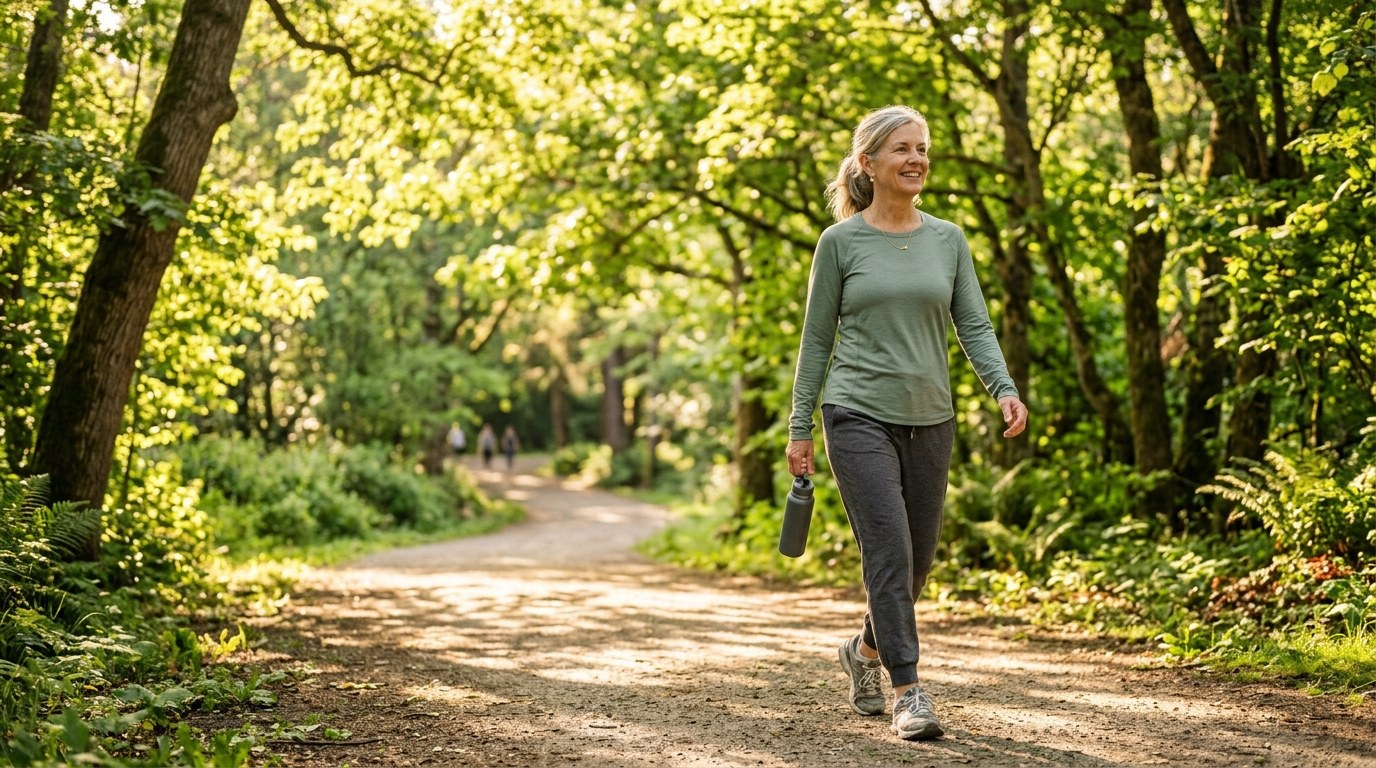 Mature woman enjoying a comfortable morning walk through a sun-lit park path
