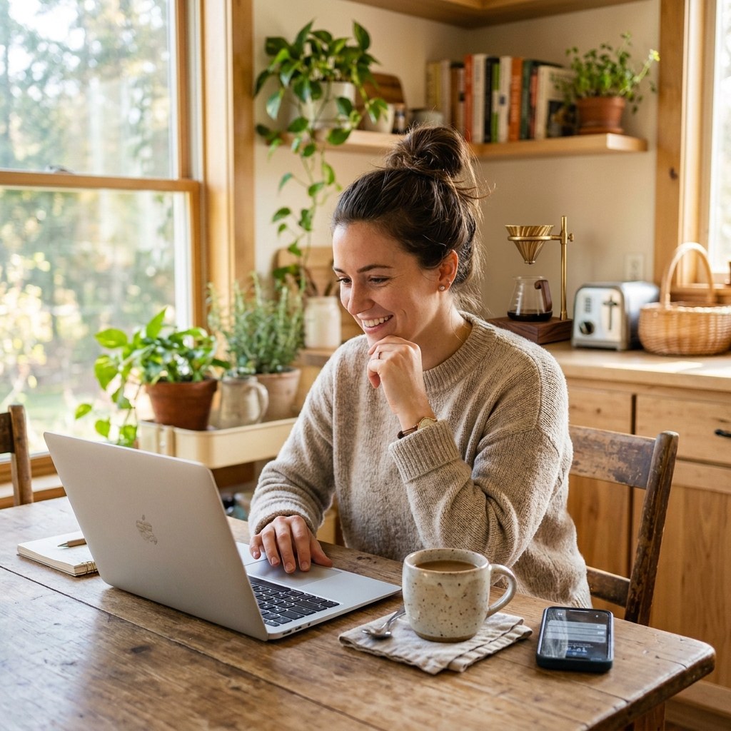 Person working on laptop at kitchen table