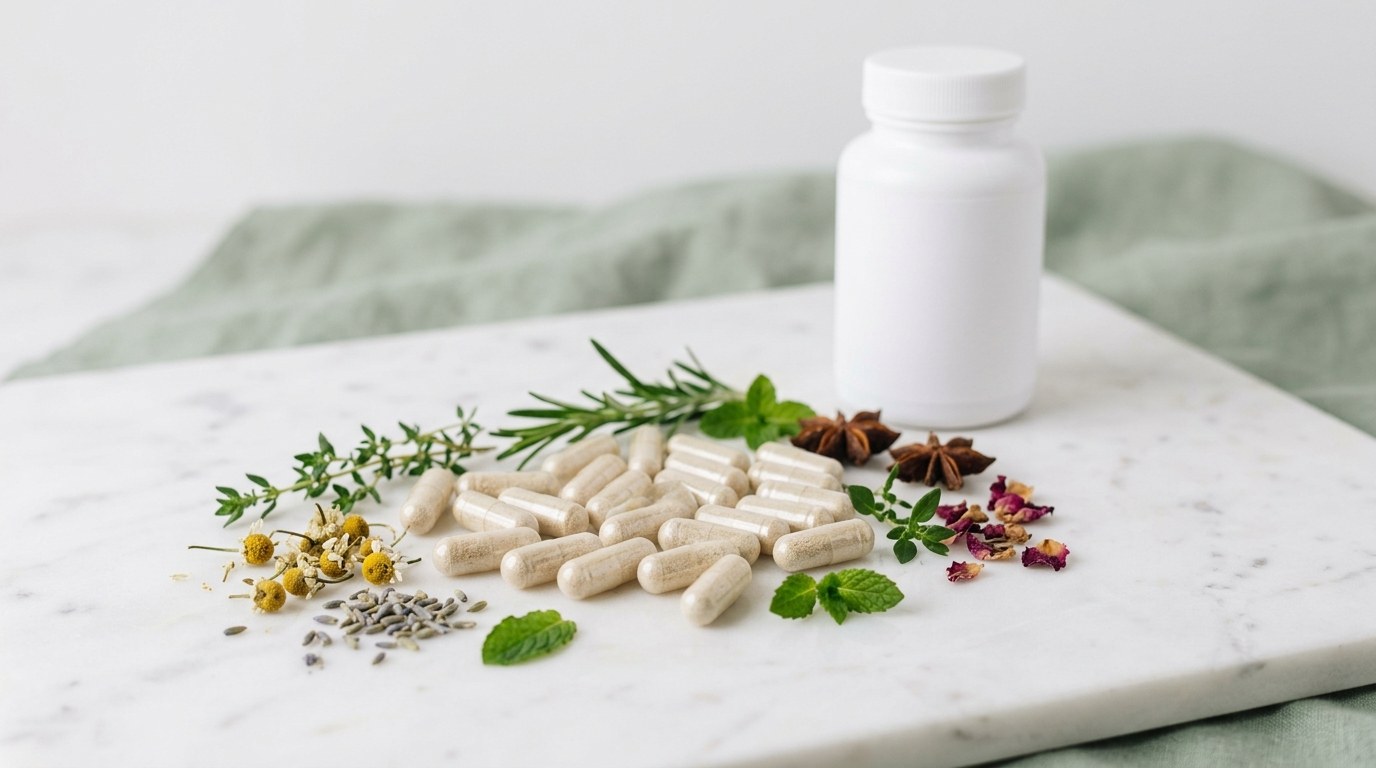 Clear supplement capsules on a marble surface with green botanical ingredients