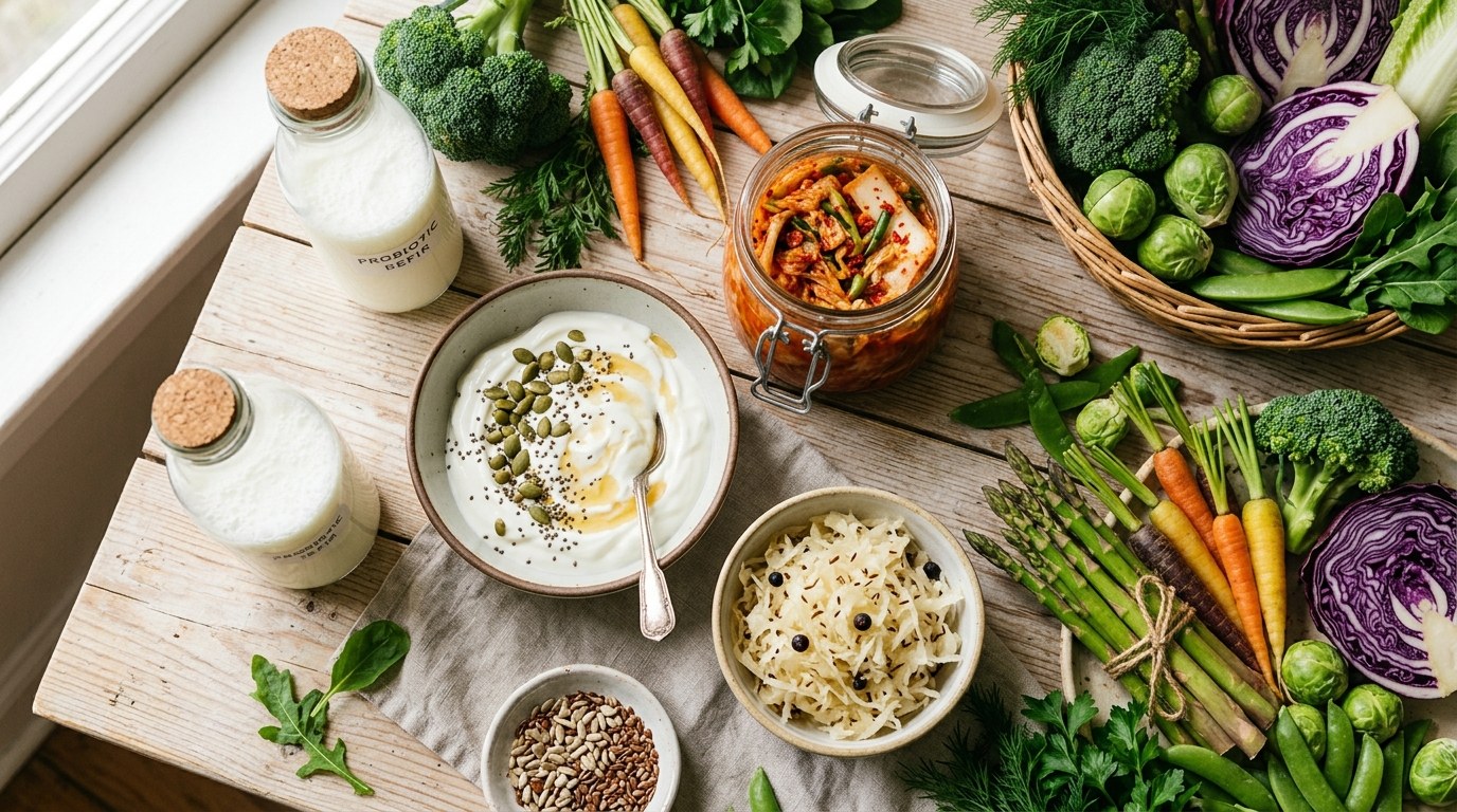 Gut-healthy foods including yogurt, kimchi, kefir, and fresh vegetables arranged on a table